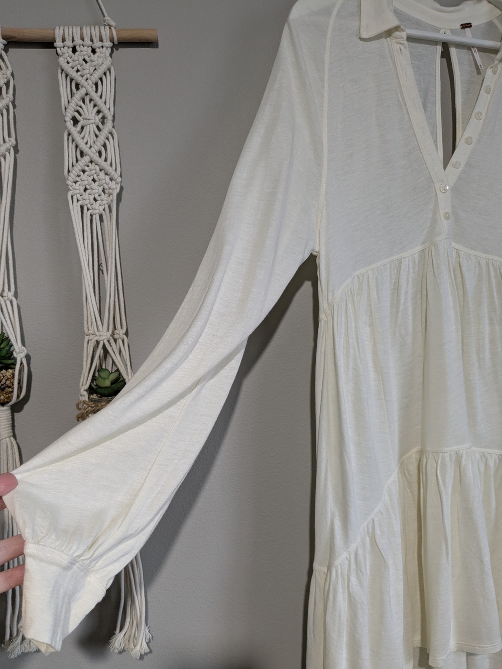 Free People Best Girl Cream Long-Sleeve Button Keyhole Tiered Tunic Top Dress M - Picture 9 of 13